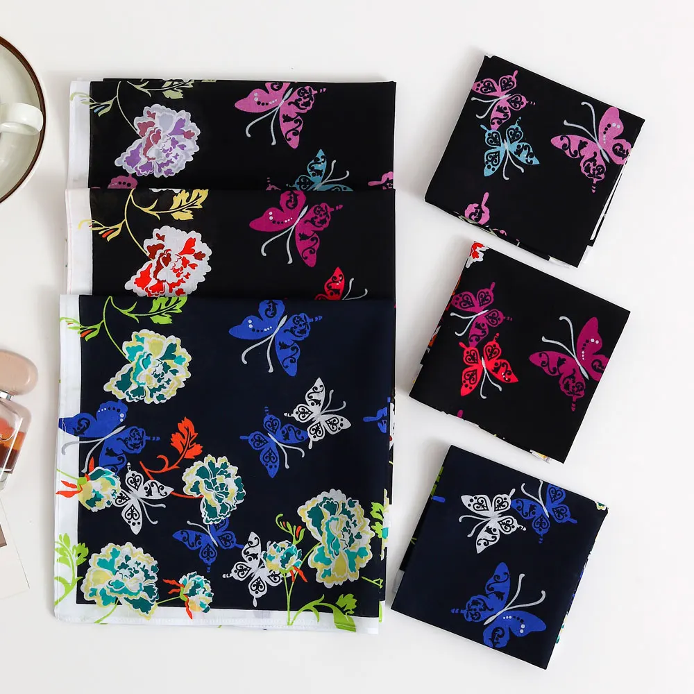 Women's Pure Cotton Printed Handkerchief, Old-Fashioned Butterfly Flower Handkerchief, Portable Handkerchief for Summer Outings, Wedding Souvenir