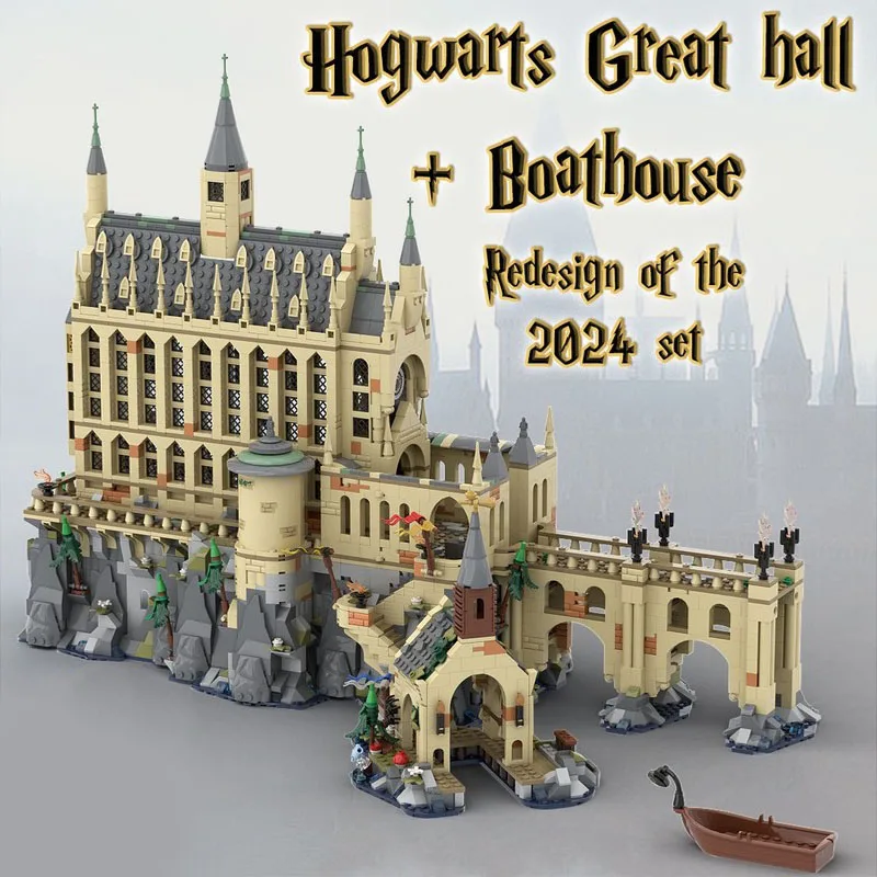 

3123 шт. Moc Hogwarts Great Hall и лодочный домик, модель строительных блоков, сделай сам, замок Гарри, креативная сборка, развивающие игрушки, подарки
