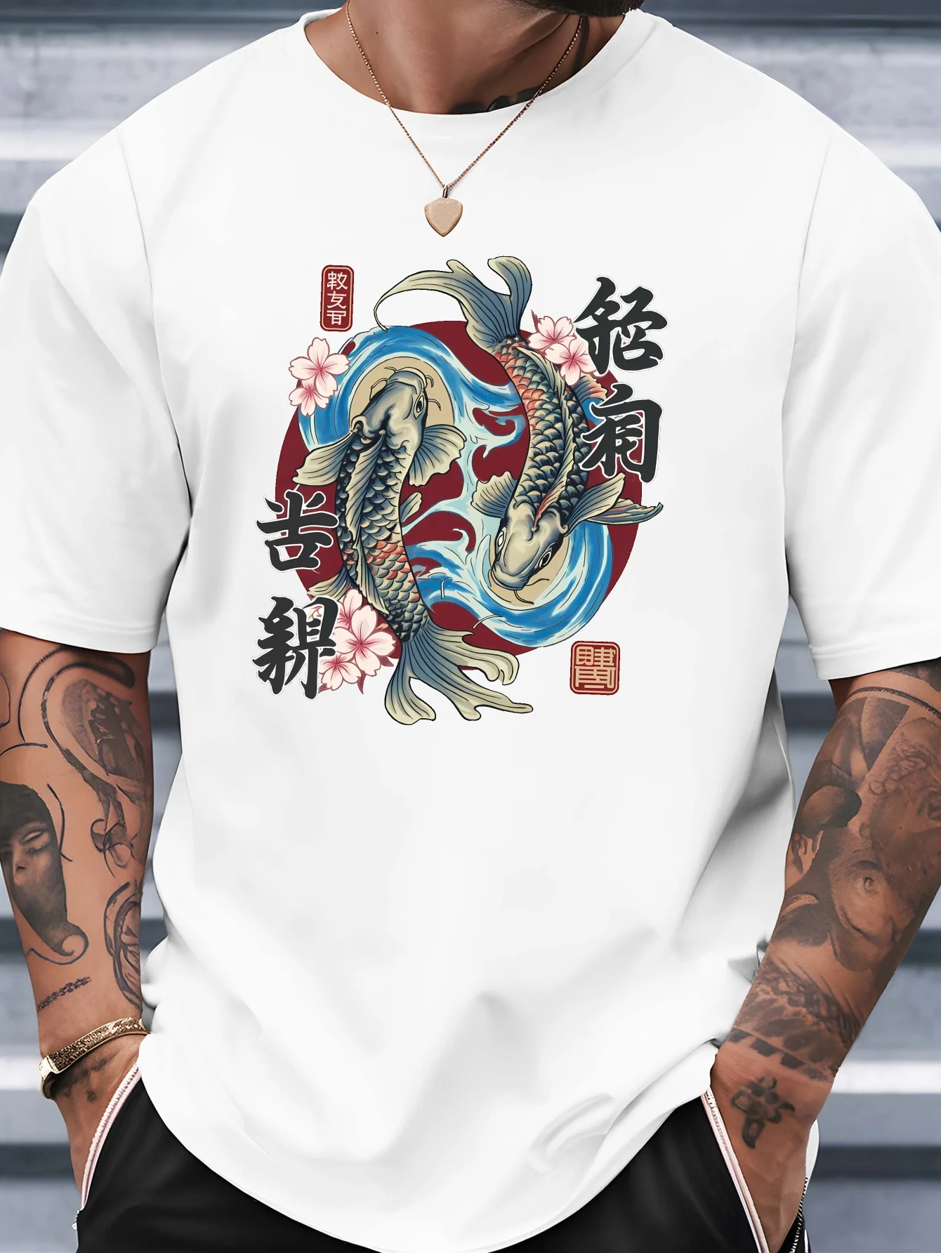 Oriental Lucky Koi Carp Cherry Blossom Print Mens T Shirt Japanese Art Short Sleeve Crew Neck Cotton Tee Casual Daily Top