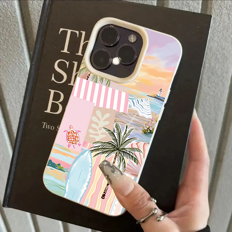 Simple Summer Palm Tree Pattern Lychee Texture Phone Case For iPhone 17 Pro Max 11 12 13 14 15 16 Pro 15 Plus 17 Air Soft Cover view 3