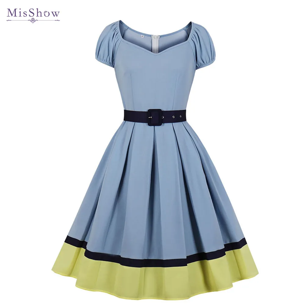 Retro 50s 60s Vintage Women Midi Dress with Belt Light Blue Striped Elegant Tunic Short Party Dresses Vestidos Robe Femme