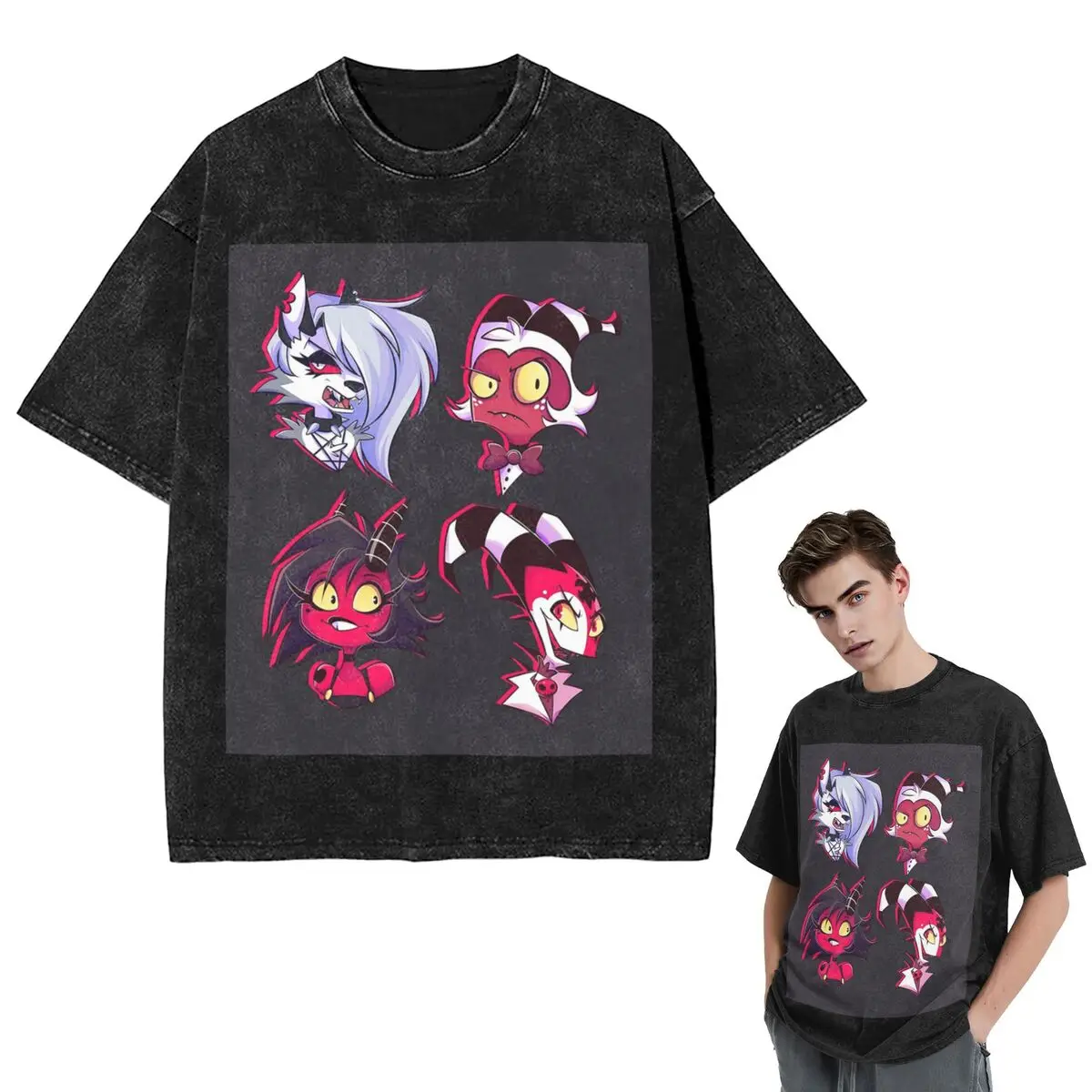 Streetwear T-Shirts Loona Collage Helluva Boss Anime Washed T Shirt Short Sleeve Hip Hop T-Shirt Tops Tees for Men Women