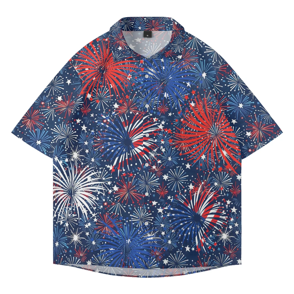 

Summer casual oversized short sleeved,flag fireworks print loose Hawaiian beach trend quick drying holiday single breasted shirt