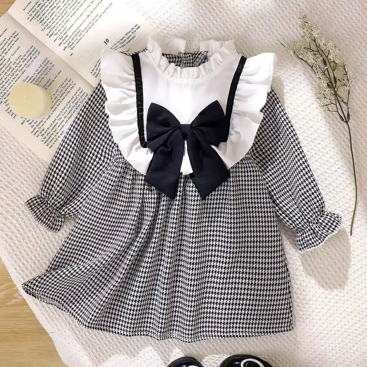 

2026 New Arrival Toddler Girls Fall Spring Plaid Dress Bow Ruffled Hem Stylish Princess Dress Kids Outfits for 6M-3Y