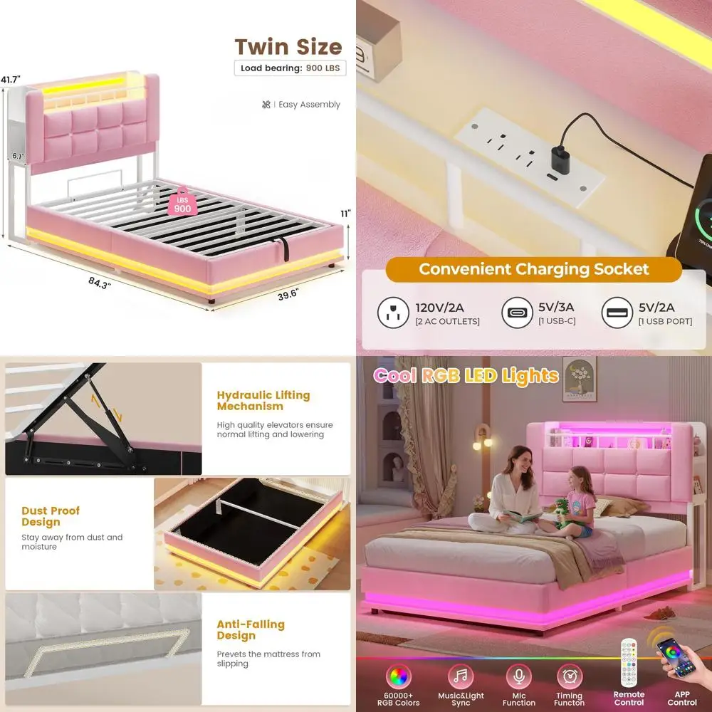 

Двуспальная кровать из велюра с LED-подсветкой, зарядной станцией и скрытым отсеком для девочек, без пружинного блока, розовая