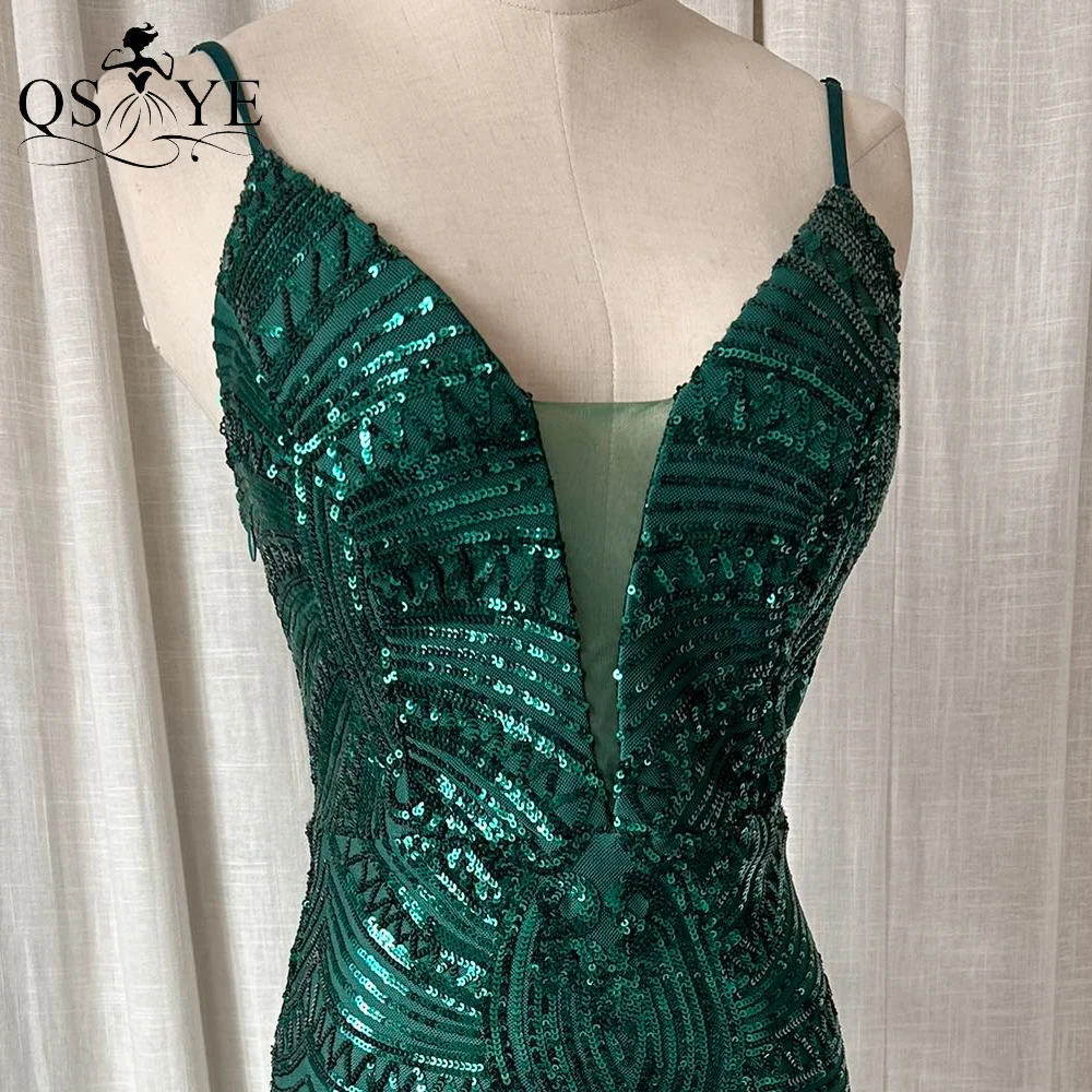 QSYYE Emerald Prom Dresses Mermaid Pattern Lace Sequin Evening Gown Spaghetti Straps V Neck Backless Green Fit Formal Dress