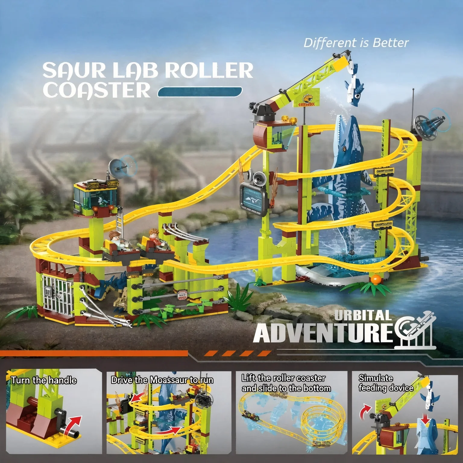 Dinosaur Roller Coaster Building Block Set Diy Ocean Animal Track Railway Park Assembly Bricks Model for Adult Collection Displa