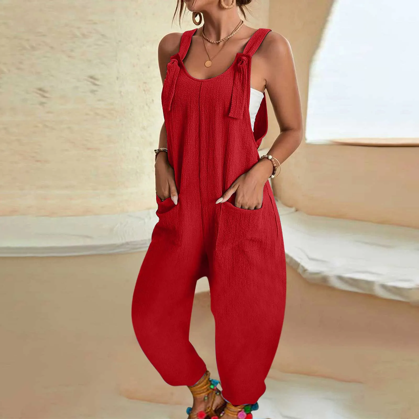 Women's Casual U Neck Sleeveless Jumpsuits Spaghetti Strap Baggy Overalls Harem Pants With Pockets Solid Color Loose Bodysuits