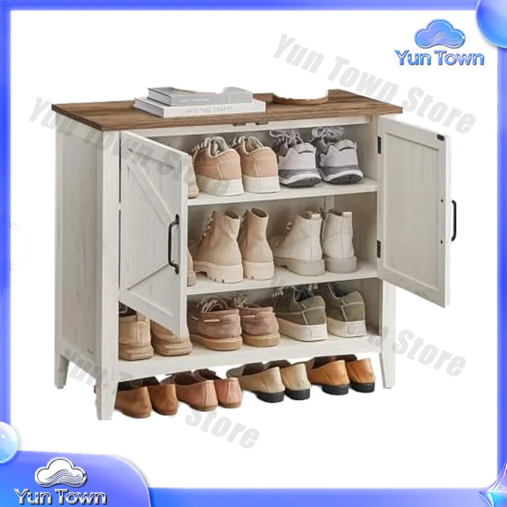 Three-story modern farmhouse Freestanding shoe cabinet 27.6 inches height adjustable rustic white entrance channel