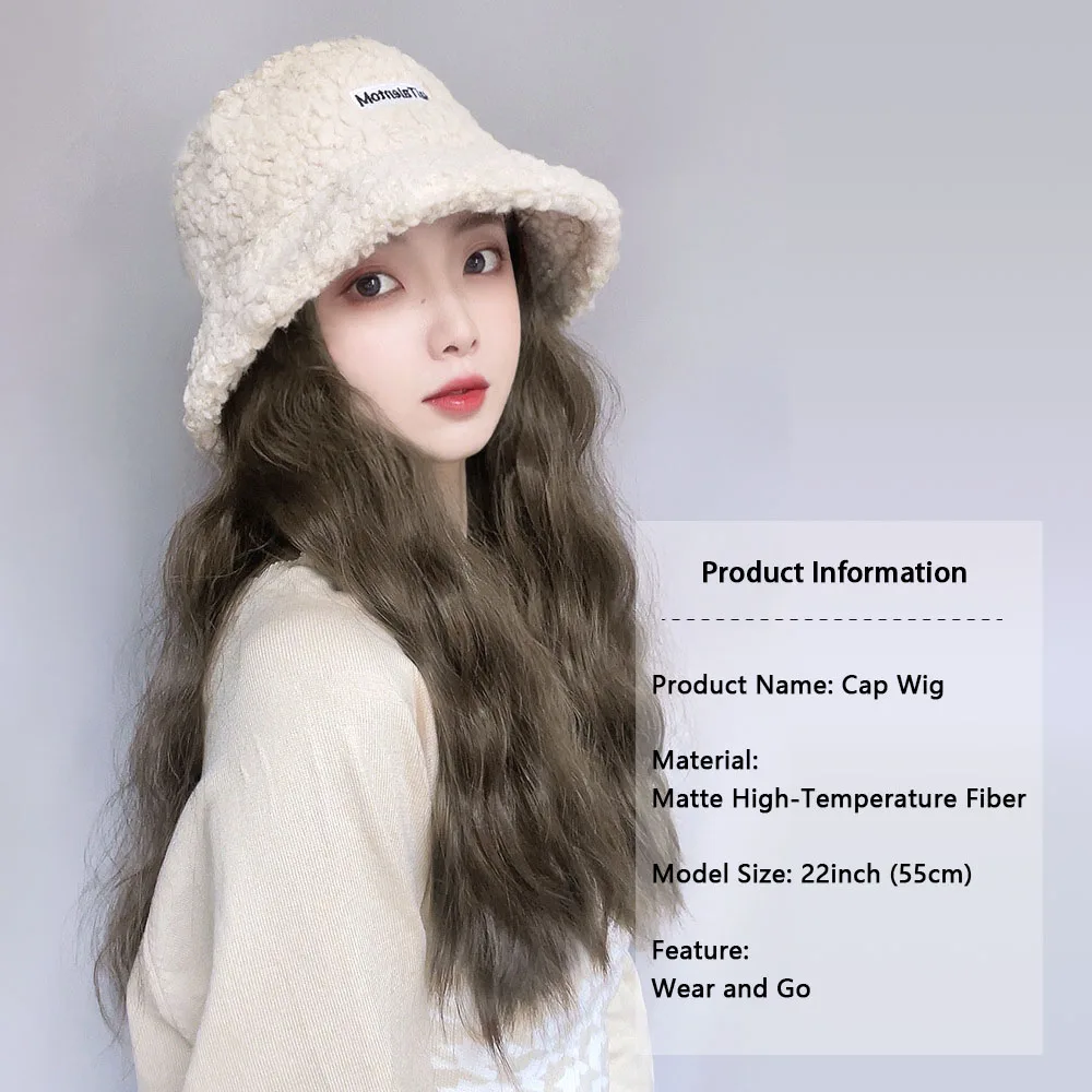 Highlight Color Long Wavy Hair Hat Wig Wear And Go Hat Wigs for Women Winter Warm Lambswool Floppy Cotton Hats with Hair