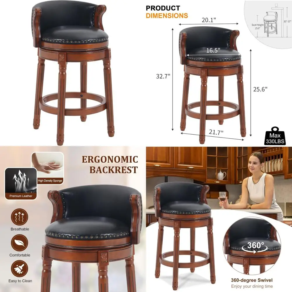 Leather-Cushioned Swivel Bar Stools with Backrest and Footrest, Rubberwood Counter Height for Home and Kitchen Use