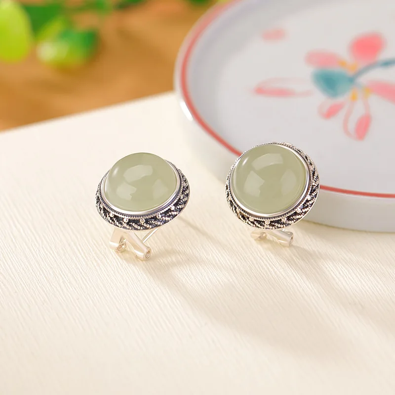

S925 Sterling Silver Qing Shui Hetian Jade Antiqued Pattern Round Cabochon Earrings Ear Clips