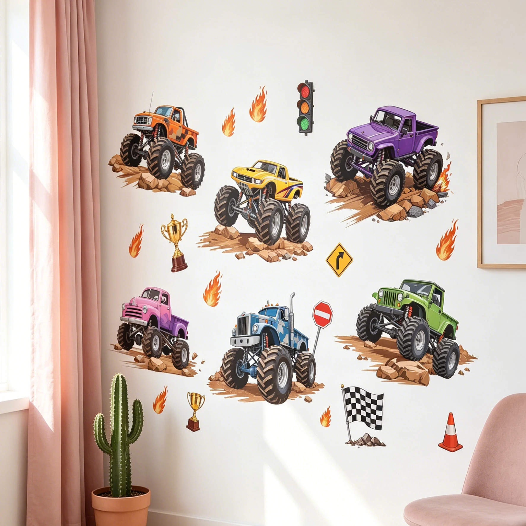 Colorful Monster Truck Set Wall Stickers Cartoon Offroad Vehicle Flame Trophy Traffic Sign Wall Decals Removable Boys Playroom D
