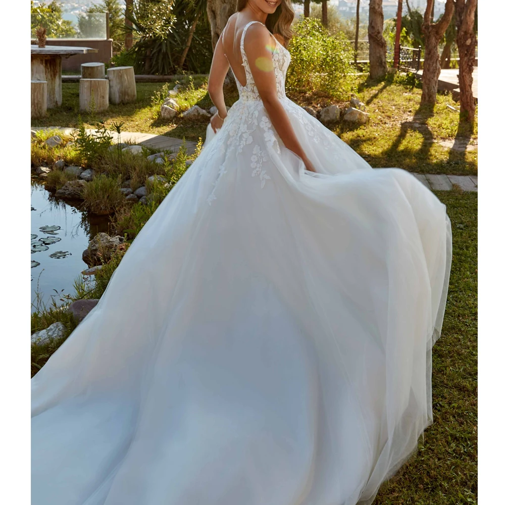 

Customized A Line Wedding Dresses Wide Strap Deep V Neck Bridal Grown Applique Lace Floor Length Open Back Vestido de novia
