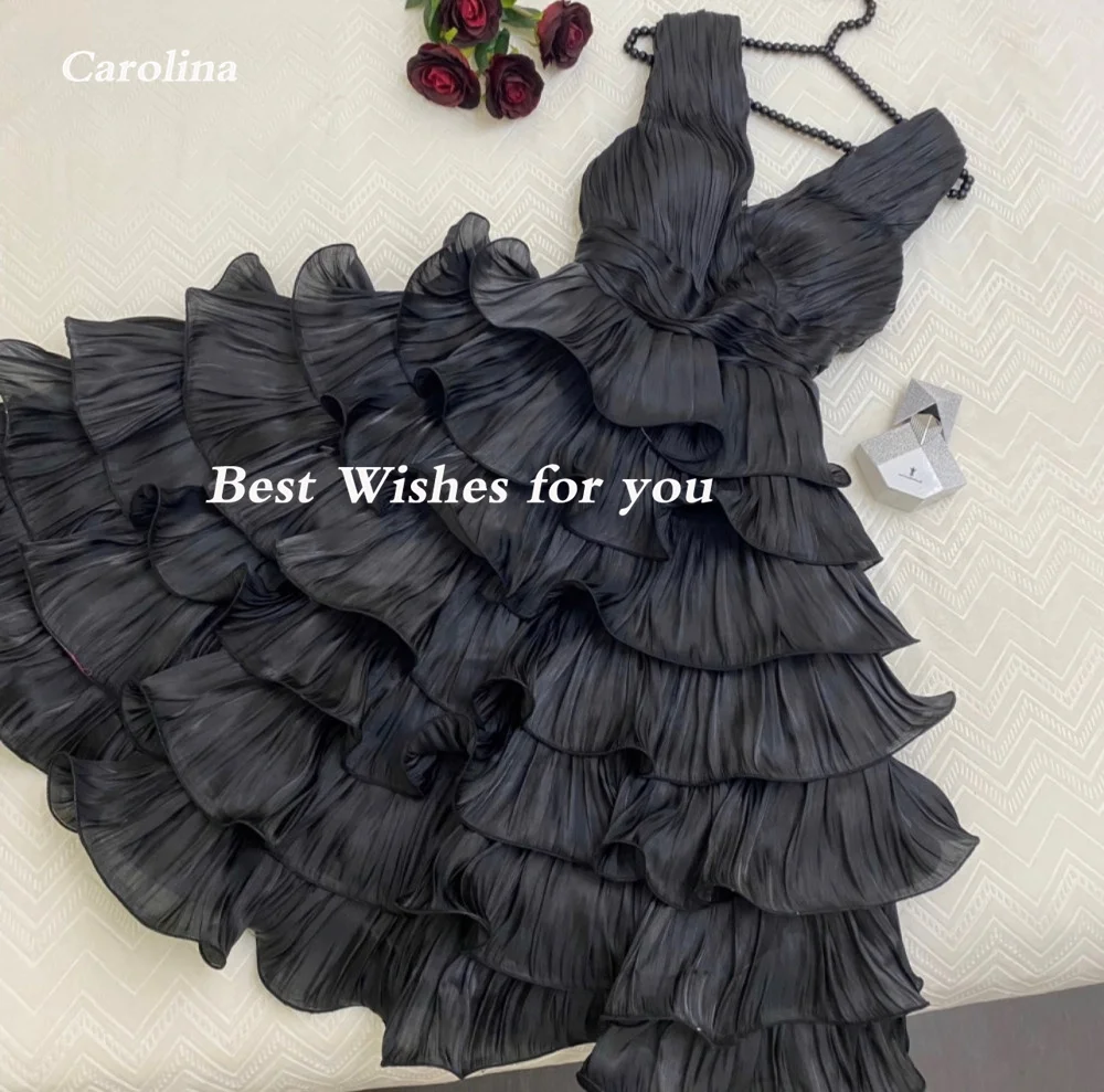 Carolina Saudi Arabia Black Evening Dresses فساتين سهرة Women's A-Line V-Neck Tiered Prom Dresses Simple Formal Occasion Party