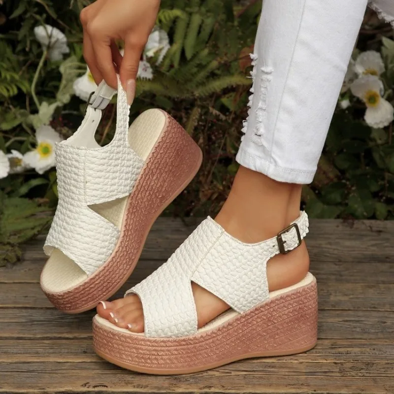 2026 New Summer Slope Heel Thick Sole Plus Size Sandals for Women Fashionable Waterproof Platform Hollow Sandals