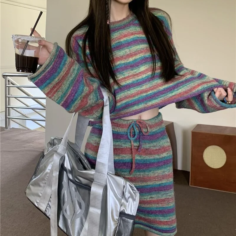 Striped Contrast Color Sweater Suit For Women's Spring Autumn New Fashion Slim Knitted Top High Waist Half Skirt Two Piece Set