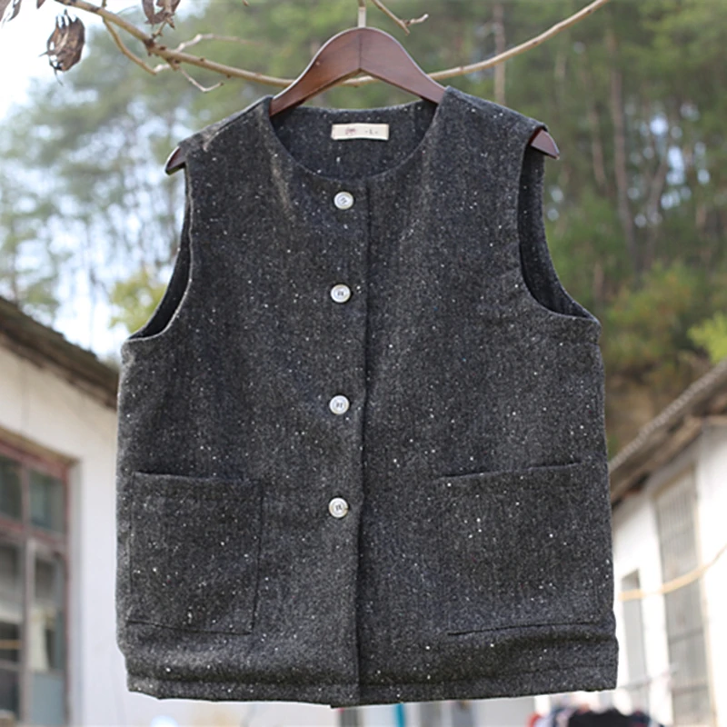 

Early Autumn New Arrival Retro Versatile Small round Ne Woolen Vest Women's Faion ort Length Cotton Blend Jaet