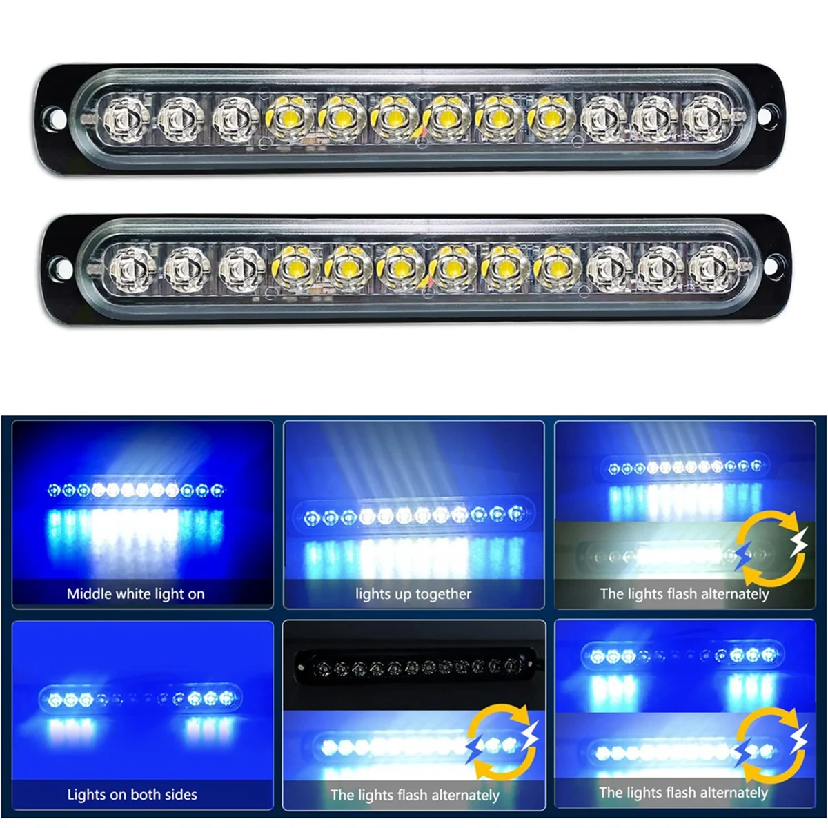 12LED Safety Emergency Flashing Lights, 12V-24V Strobe Warning Light, Breakdown Beacon LED Light Bar ,Blue+White