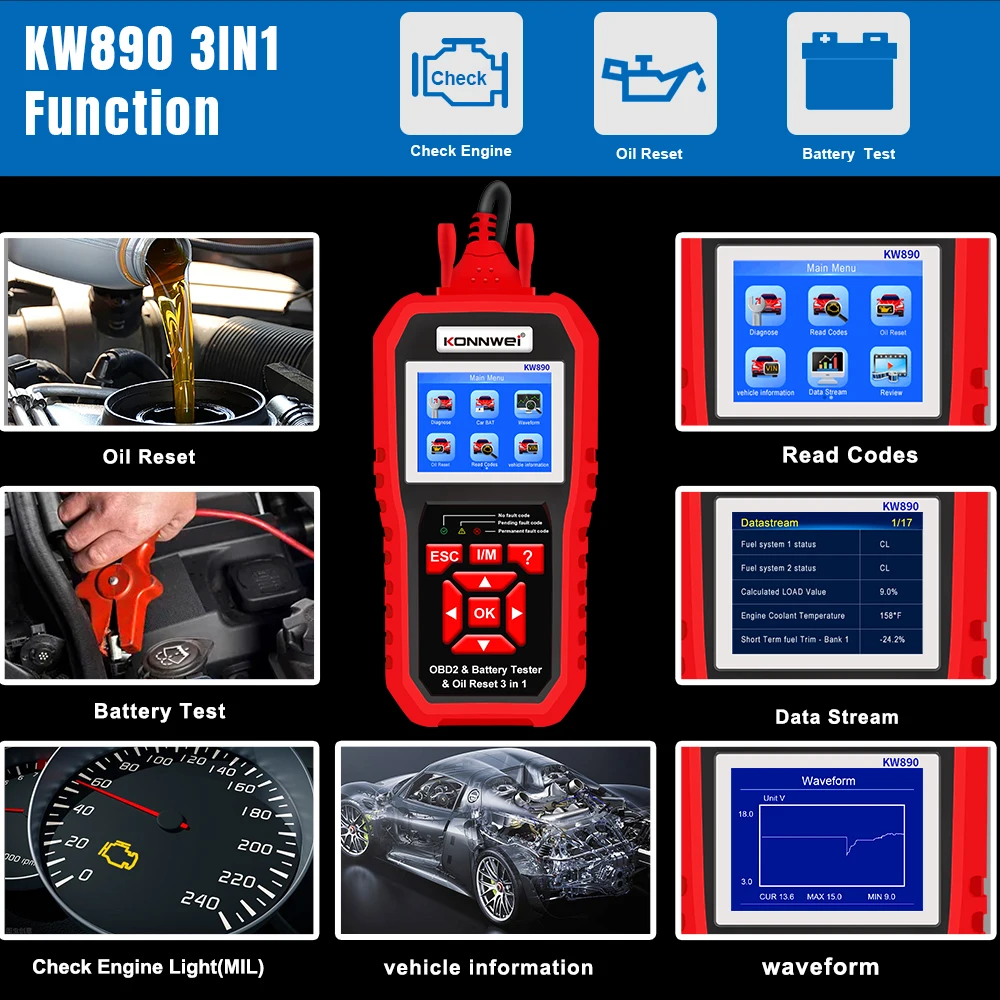 KONNWEI KW890 Obd2 الماسح الضوئي جهاز اختبار بطارية النفط إعادة تعيين أدوات التشخيص 3in1 محرك السيارة المهنية تحقق قارئ رمز السيارات