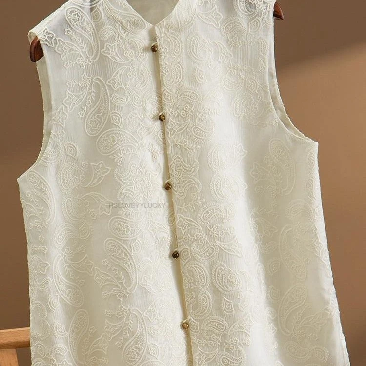 

Chinese Women Ethnic Hanfu Tops Vintage Folk Vest Sleeveless Jacket National Loose Lace Satin Vest Loose Jacquard Daily Vest Top