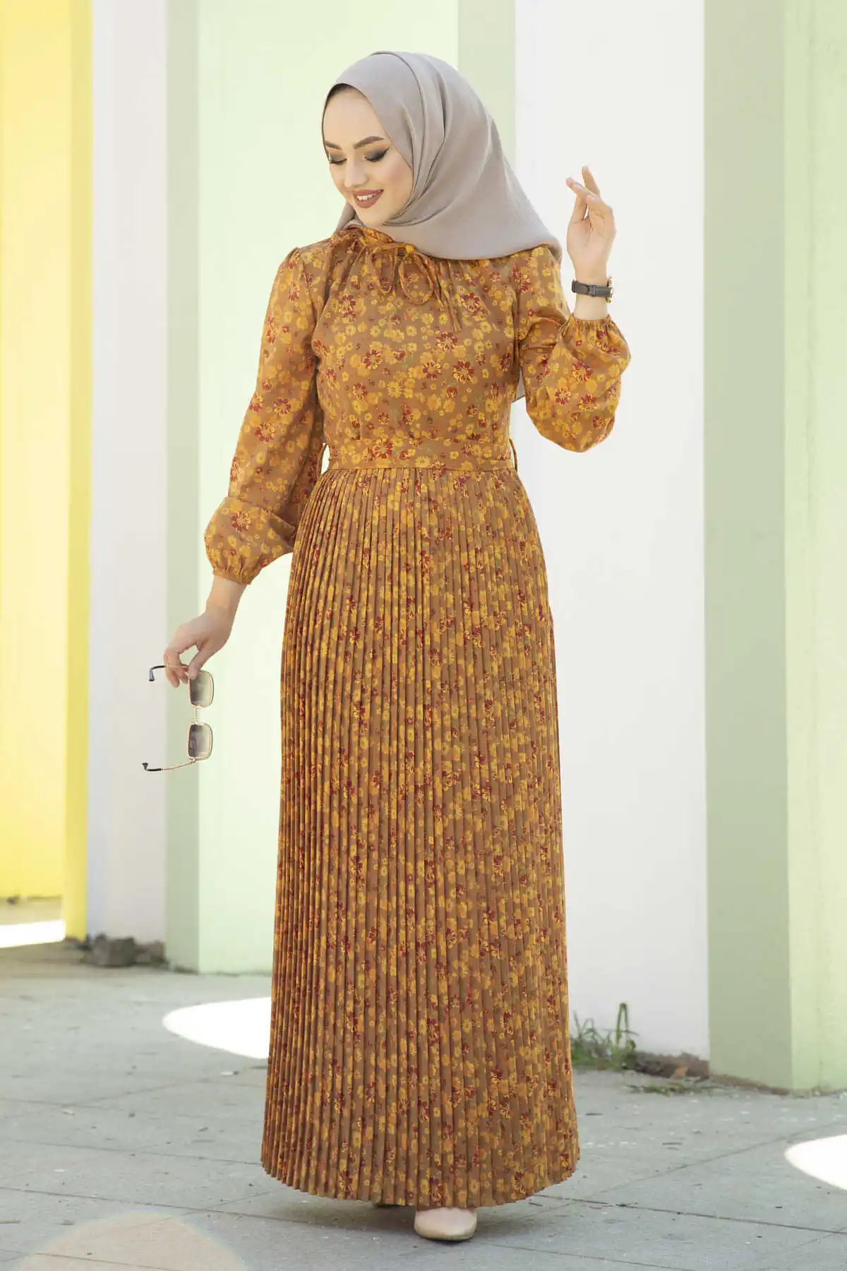 

Skirt; Pleats Belted Dress Mustard Winter Autumn 2021 Muslim Women Hijab headscarf Islamic Turkey