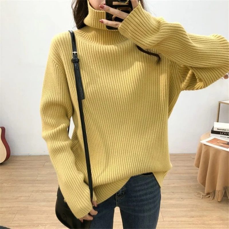 Autumn Winter Korean Simple Turtleneck All Match Rib Knit Sweater Women Casual Solid Loose Long Sleeve Basic Top Female Clothing