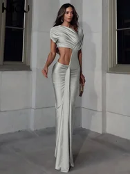 kliou Irregular Hollow Out Women Dress Solid Ruched Slash Neck Shorts Sleeve Street Sheath Vestidos Trend Elegant Long Bodycon