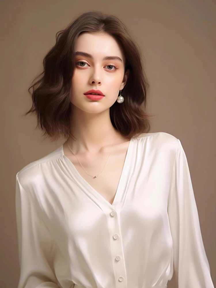 เสื้อไหมชีฟองทรงวี แขนยาว ดีไซน์เกาหลี ให้ความรู้สึกหรูหรา ช่วยพรางหุ่น เหมาะสำหรับใส่ทำงาน สไตล์เกาหลี สำหรับผู้หญิง