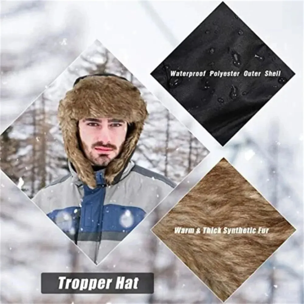 Men\'s Winter Trapper Aviator Trooper Earflap Warm Russian Waterproof Ski Hat Bomber Cap Russian Warm Ear Protectors Hats