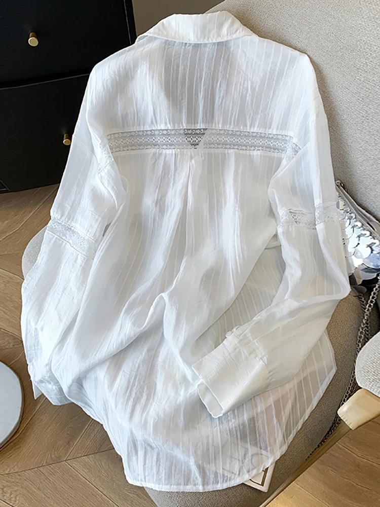 

Кружевная ажурная свободная женская солнцезащитная рубашка, белая, тонкая, летняя, модная верхняя одежда с длинными рукавами на пуговицах