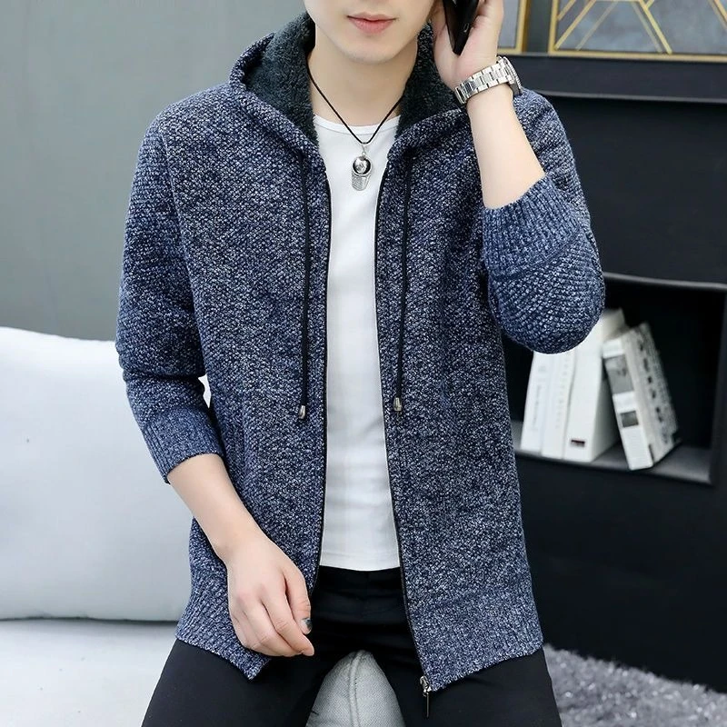 

Осень-зима для мужчин с капюшоном на флисовой подкладке, утолщенный вязаный воротник-стойка на молнии, облегающий свитер в корейском стиле, куртка-кардиган