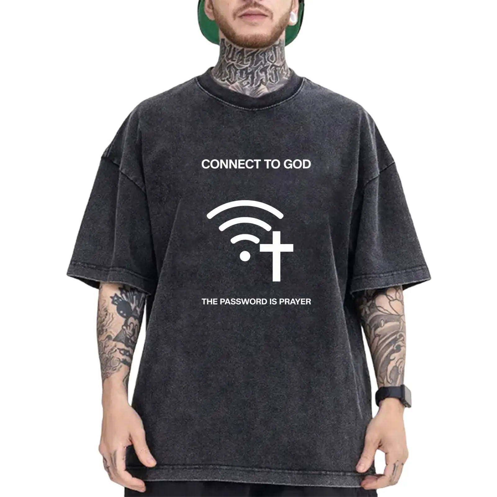 

Connect To God T-Shirt Men Women WiFi Cross Prayer Tee Christian Faith Graphic Print Vintage Washed Religious Streetwear Top