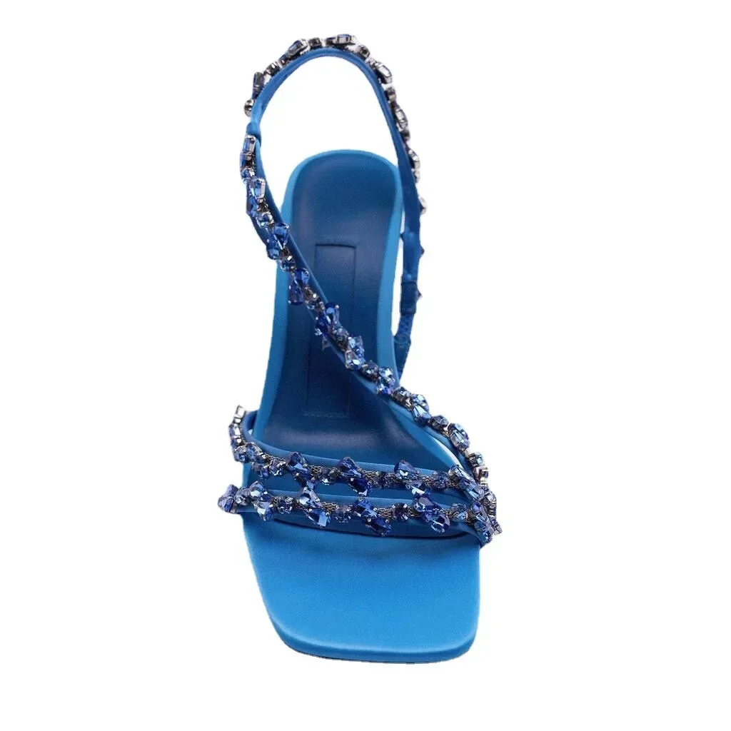 

Blue and green bead strap embellished flat head bead rhinestone high-heeled shoes for women, high-heeled and oversized sandals