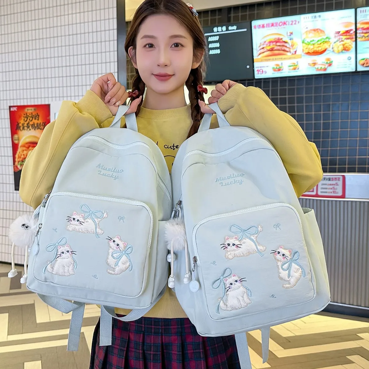Pastel Blue Cat Embroidery School Backpack Kawaii Bow Student Bag Large Capacity Nylon Shoulder Backpack for Teen Girls