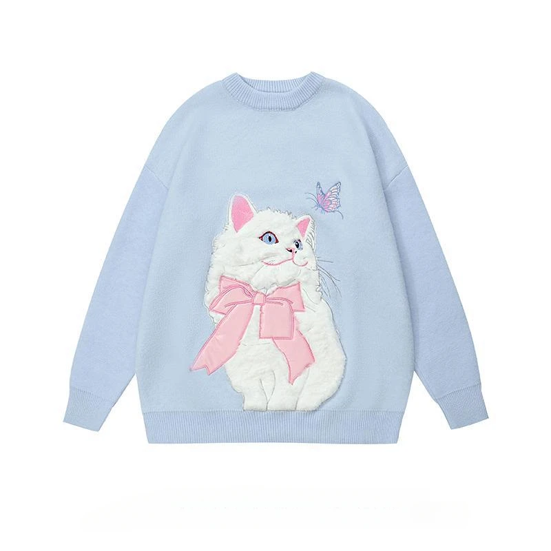 Women\'s O-neck Lazy Style Soft Waxy Cute Cat Embroidery Pullover Sweaters Autumn Winter Sweet Age-reducing Loose Casual Knitwear