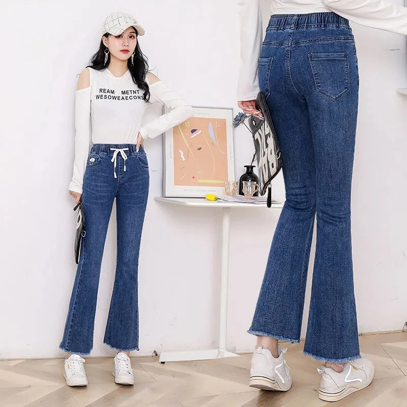 Korean Fashion Ankle Length Flare Jeans Women Lace Up Elastic High Waist Skinny Bell-Bottoms Vaqueros Casual Slim Denim Pants