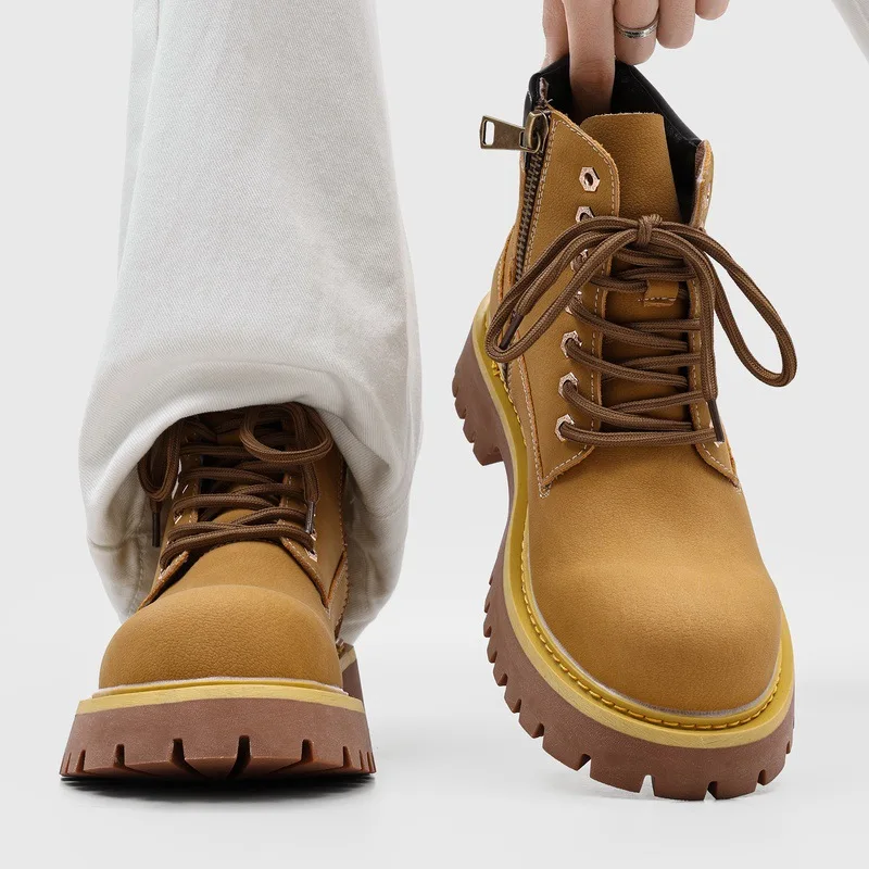 men casual pary banquet platform boots lace-up original leather shoes cowboy tooling work boot vintage outdoors ankle botas mans