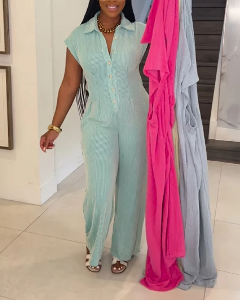 Casual Women's Jumpsuit Collar ปุ่มและเอวสูง Jumpsuit ฤดูร้อนผู้หญิงสบายๆสีทึบขากว้าง Urban Long Jumpsuit