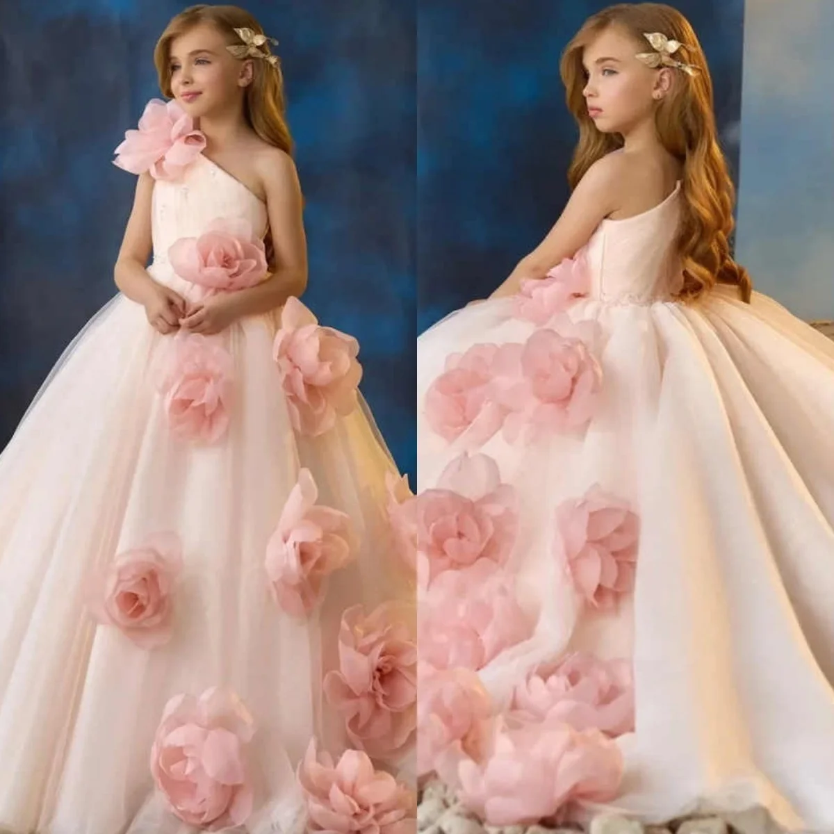 

Customized Modern Pink Tulle Evening Dress Formal Strapless One Shoulder Prom Dress Chapel Train Flowers Bespoke Occasion Gowns