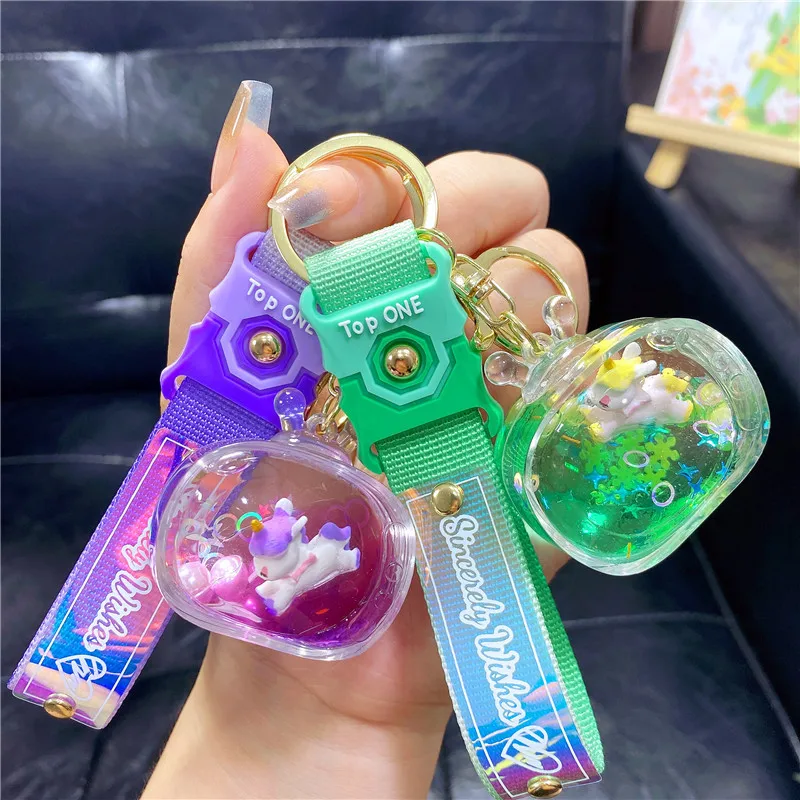 Cartoon Oil Liquid Unicorn TV Keychain Float Bottle Delicate Pearl Snowflake Sequin Quicksand Pendant Keyring Couple Bag Trinket