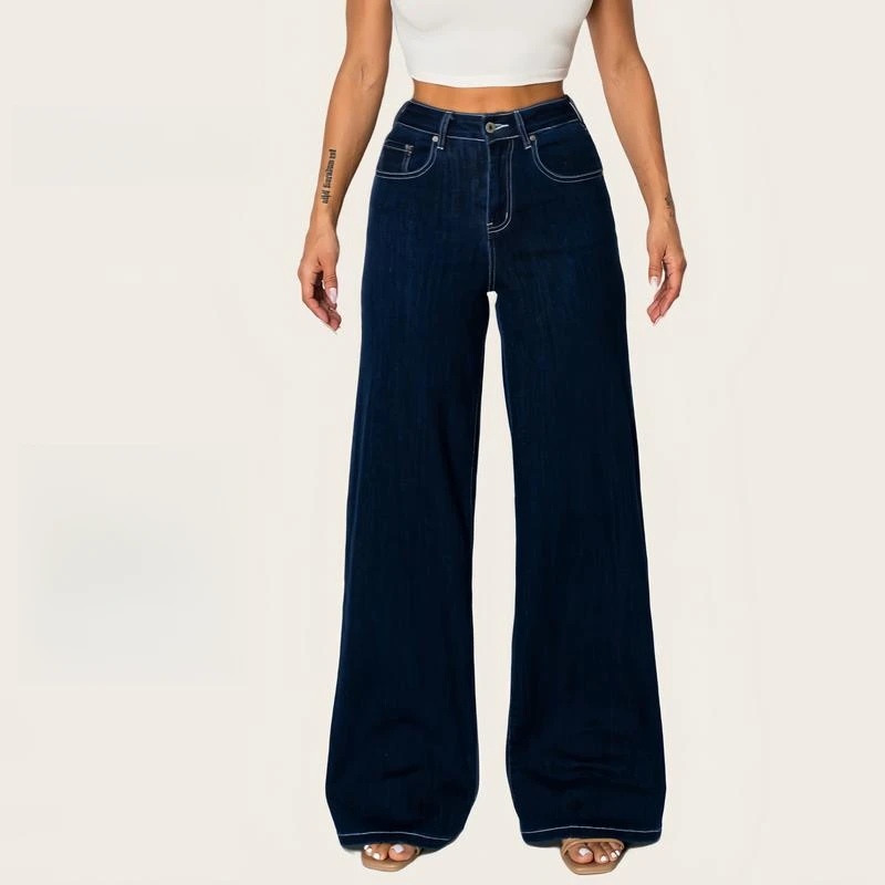 Women High Rise Stretch Wide Leg Baggy Style Jeans-Dark Wash With Everything Stretchy Zip-Up Trousers SH25F14