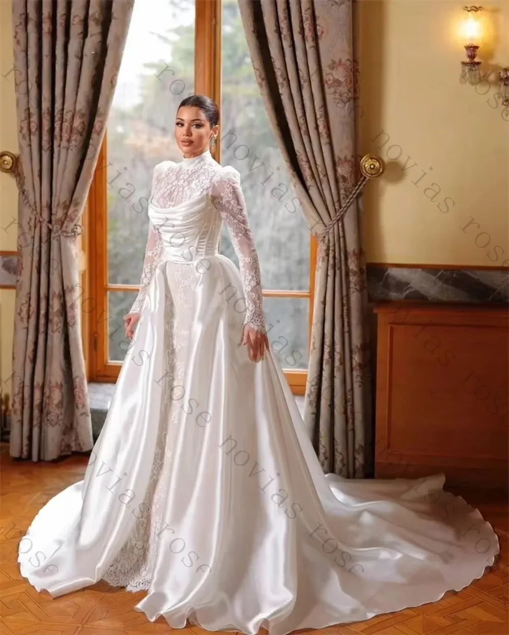 Customized High Necked Lace Long Sleeved Satin Wedding Dresses with Transparent Lace A-line Bridal Gown Suitable for Cathedrals