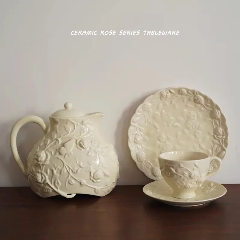 Romantic Garden Series Cream-Colored Relief Rose Ceramic Coffee Pot Coffee Cup Plate Dinnerware