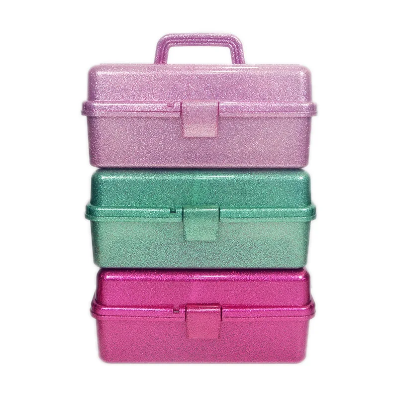 Glitter Pink & Craft Tool Storage Box 3-Layer Stackable Carry Tackle Beauty Cosmetics Hand-held Sewing Case Organizer for Art