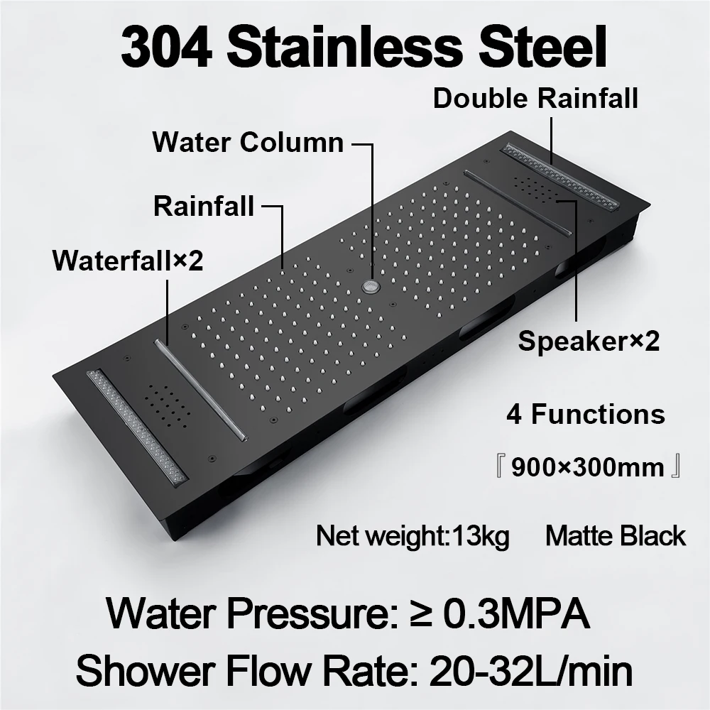 M Boenn 4 Functions Couples LED Shower Head Rainfall Bar Shape For Bathroom Embedded Ceiling Black Shower Panel Stainless Steel