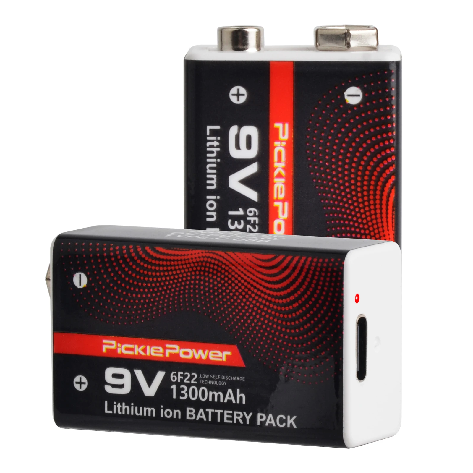 Pickle Power 9V 1300mAh 6F22 Rechargeable Li-ion Battery with Type-C Charger Port for Digital Multimeters, Toys, RC Helicopters