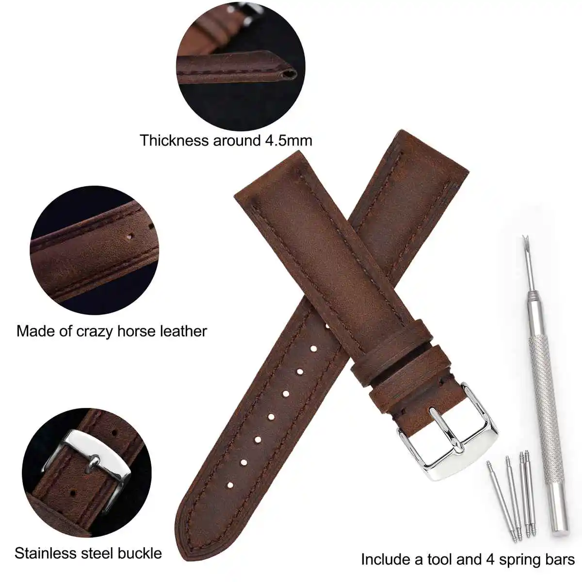 WOCCI Vintage Cowhide Watch Bands,Crack Design,18mm 19mm 20mm 21mm 22mm,for Huawei Honor Samsung Citizen