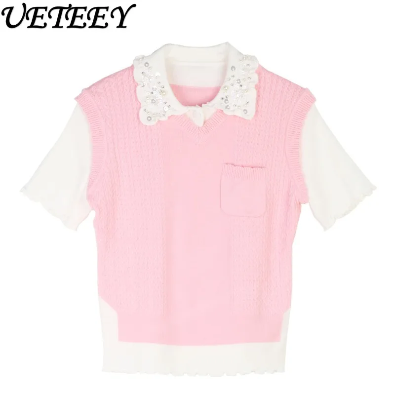 Outono nova camisa de base doce para mulheres gola polo curto fino topo francês romântico estilo socialite manga curta pulôver