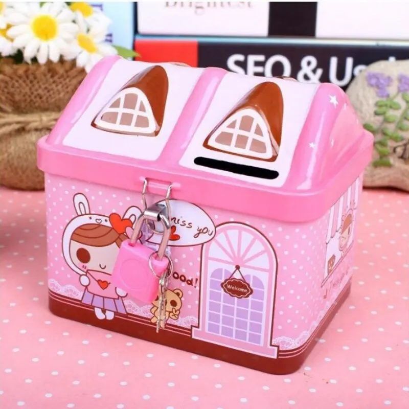 Cute Bear House Coin Box Creative Metal Bank Currency Box Coin Bank Children\'s Savings Tank Birthday And Christmas Gift Rabbit